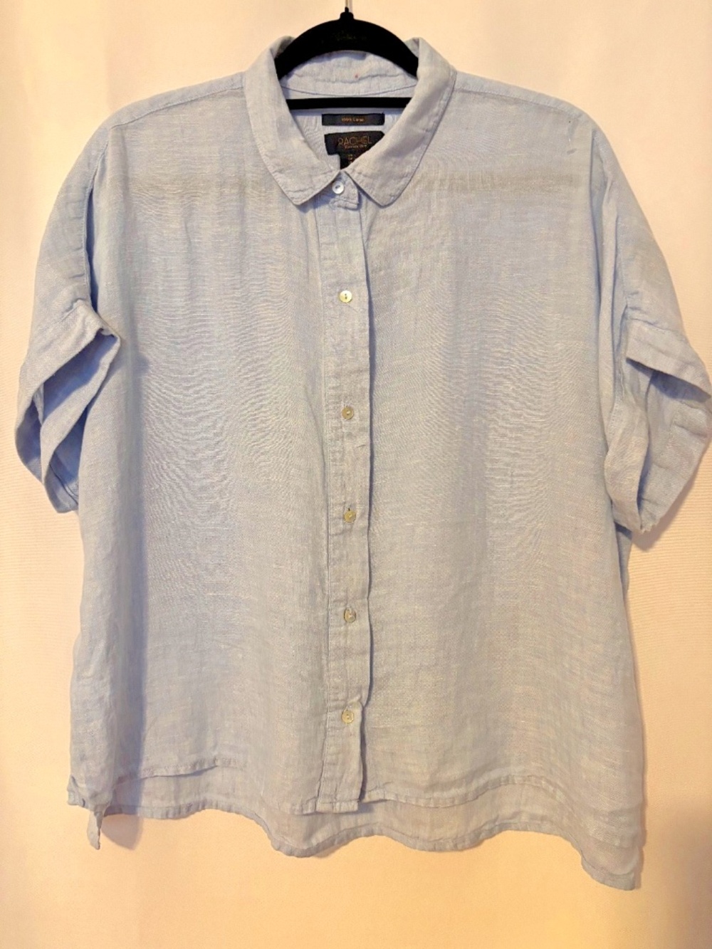 Rachel Roy 100% Linen Light Blue Button Shirt Short Sleeve Size L